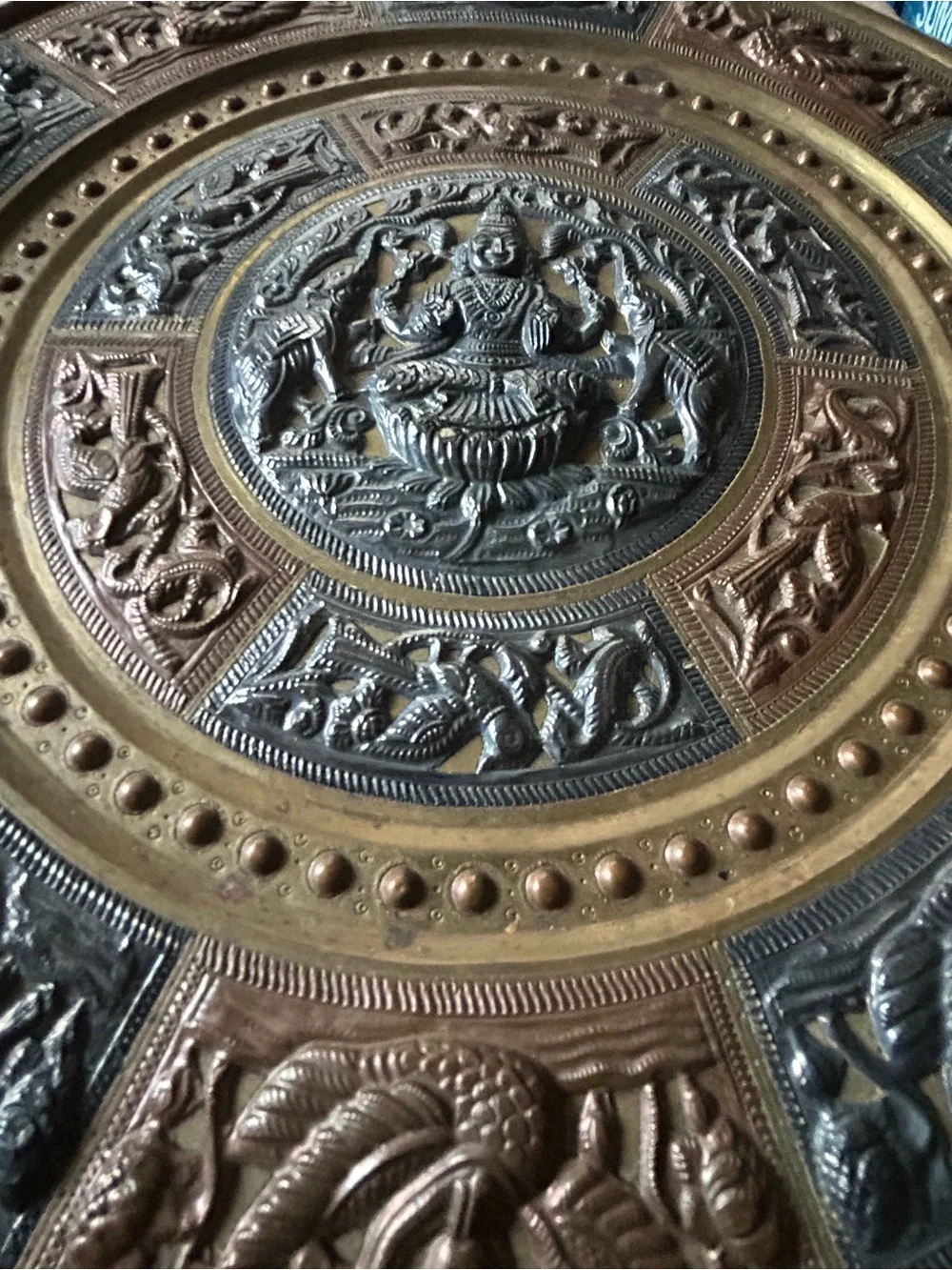Vintage India Shiva Platter - Detailed Silver & Copper on Brass - 11